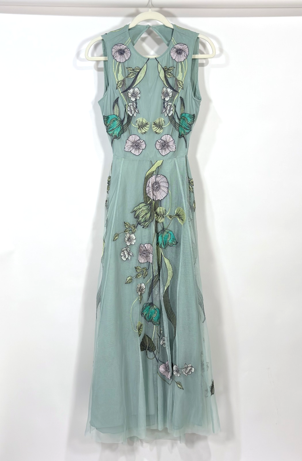 Asos Floral Boho Embroidered Maxi Dress Open Back Mint Sage Green - Size 6