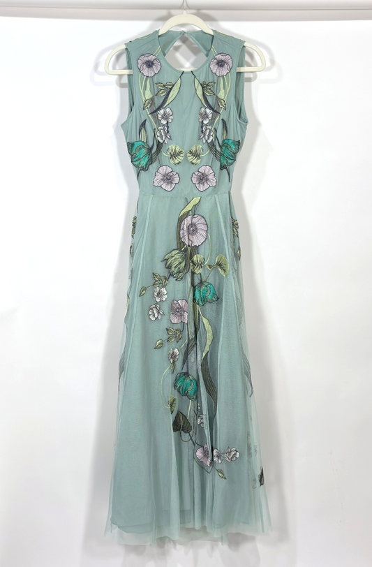 Asos Floral Boho Embroidered Maxi Dress Open Back Mint Sage Green - Size 6