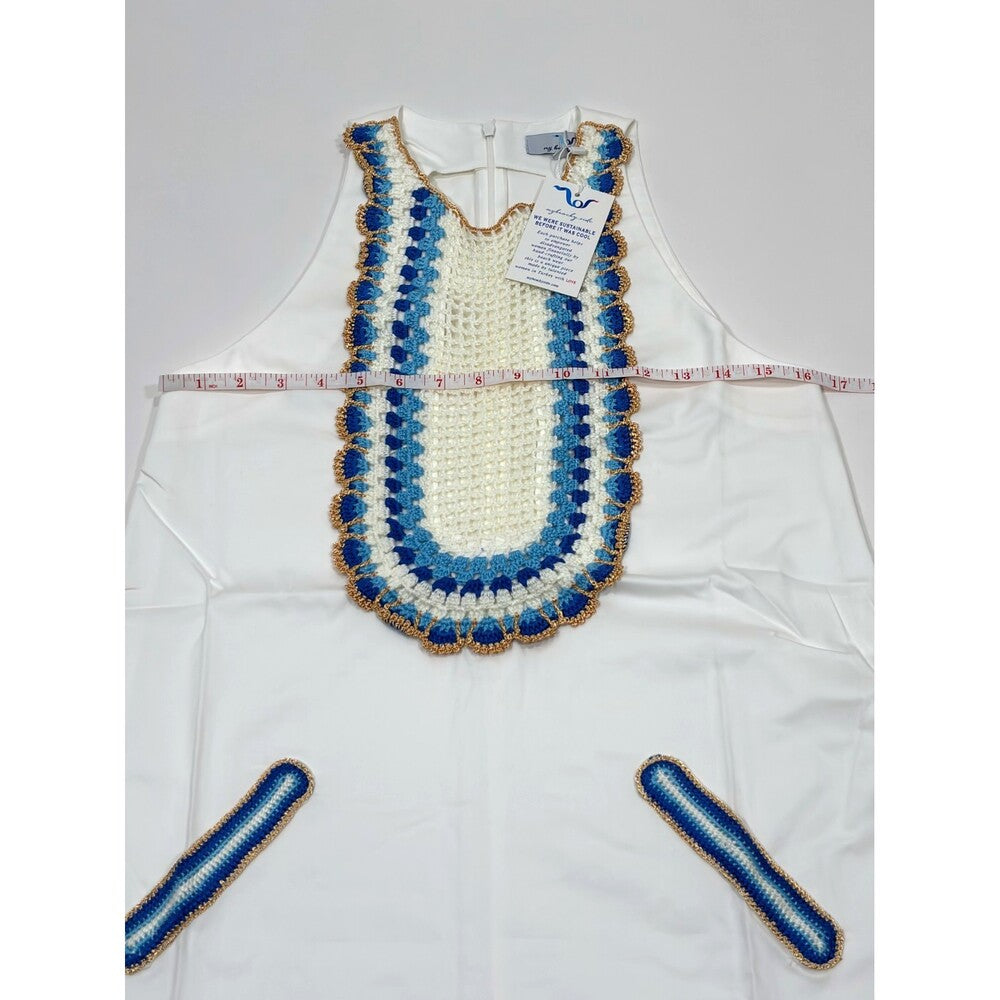 My Beachy Side Arya Mini Cotton Shift Dress Crochet White Blue - S