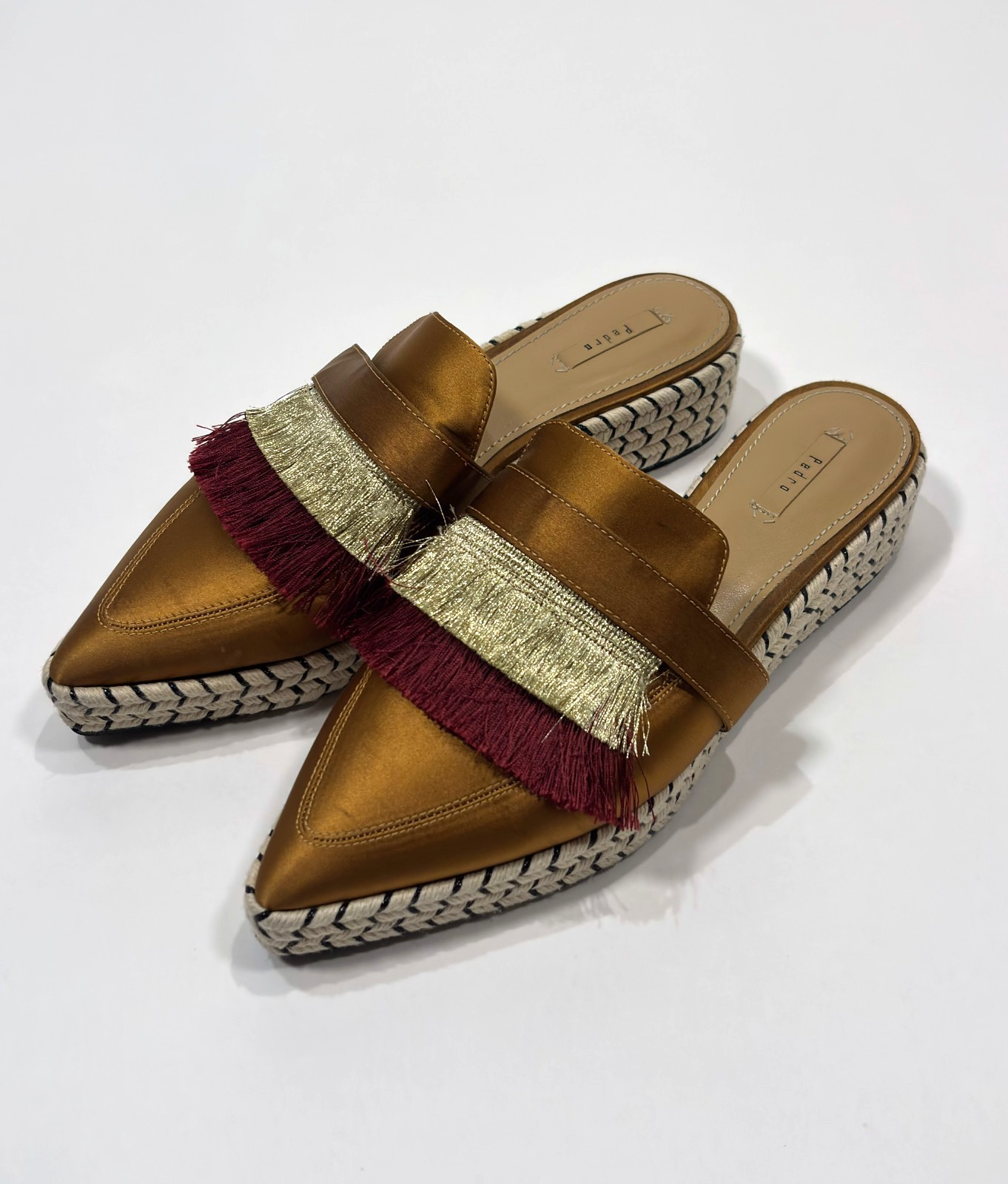 Pedro Satin Fringe Mule Espadrilles Copper Gold Maroon - 39 / Size 9