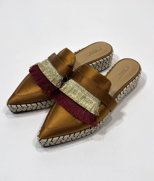 Pedro Satin Fringe Mule Espadrilles Copper Gold Maroon - 39 / Size 9