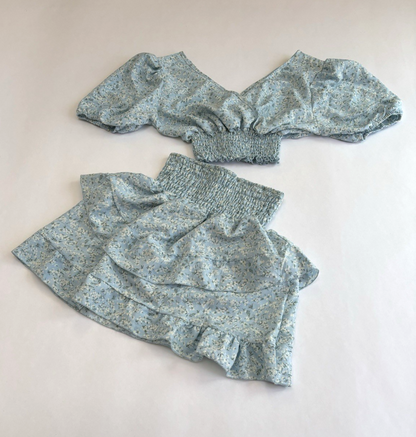 Defox Mini Skirt Crop Top Set Baby Blue Ditzy Floral Ruffle - S/M