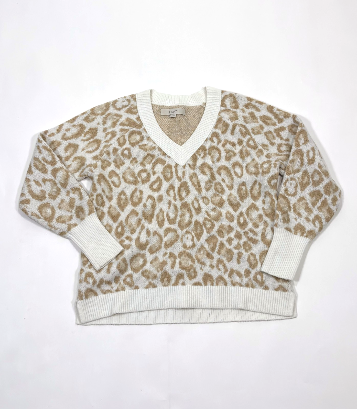 Loft Leopard Animal Print V Neck Sweater Cream Tan Oversized - XS