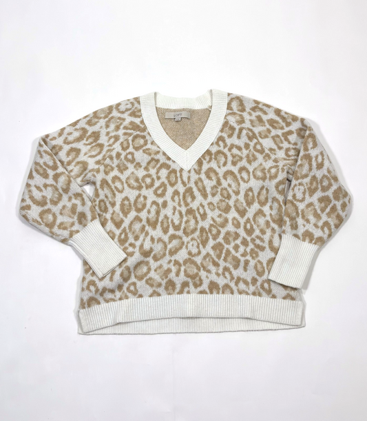 Loft Leopard Animal Print V Neck Sweater Cream Tan Oversized - XS