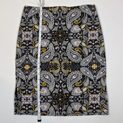 Ann Taylor Loft Black Yellow Paisley Print Cotton Pique Pencil Skirt - 2P