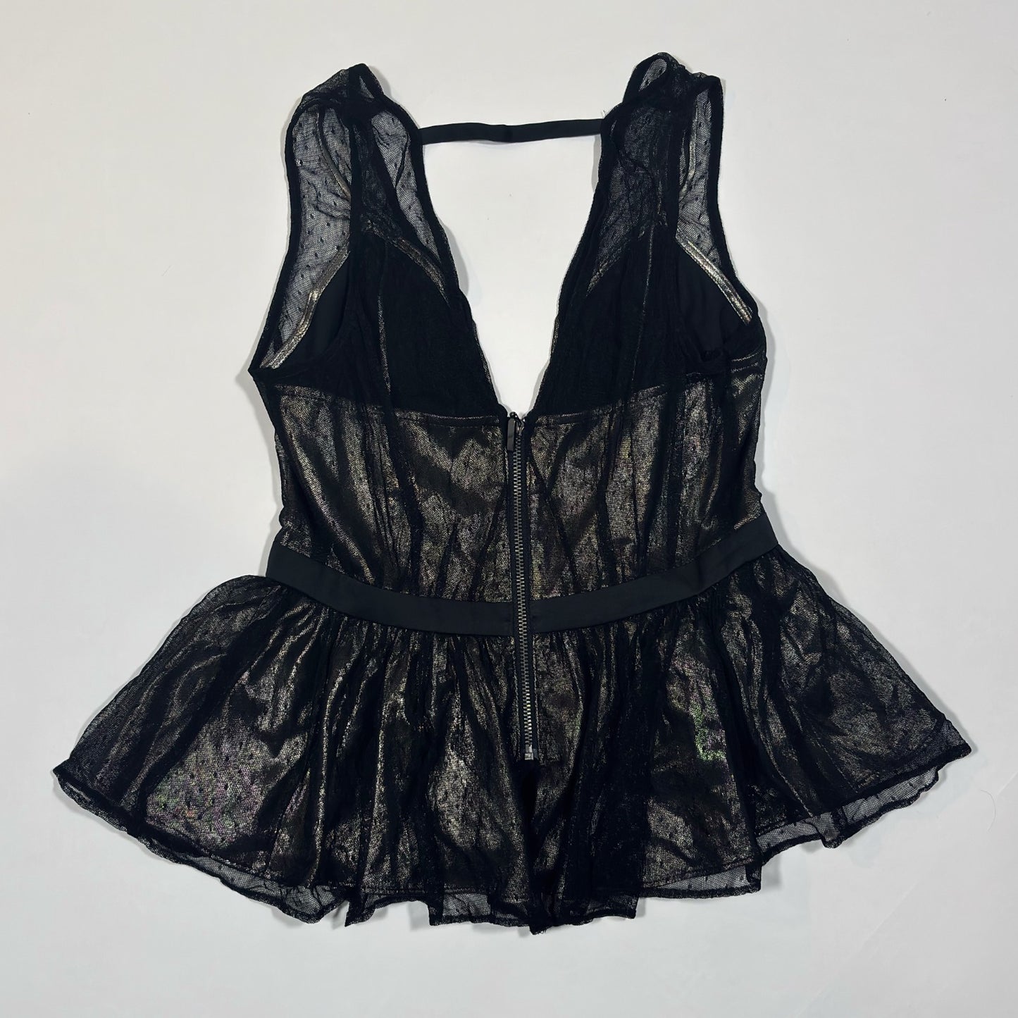 Express Peplum Deep V-Neck Mesh Tank Metallic Black Gold - 00