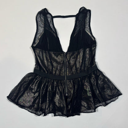 Express Peplum Deep V-Neck Mesh Tank Metallic Black Gold - 00