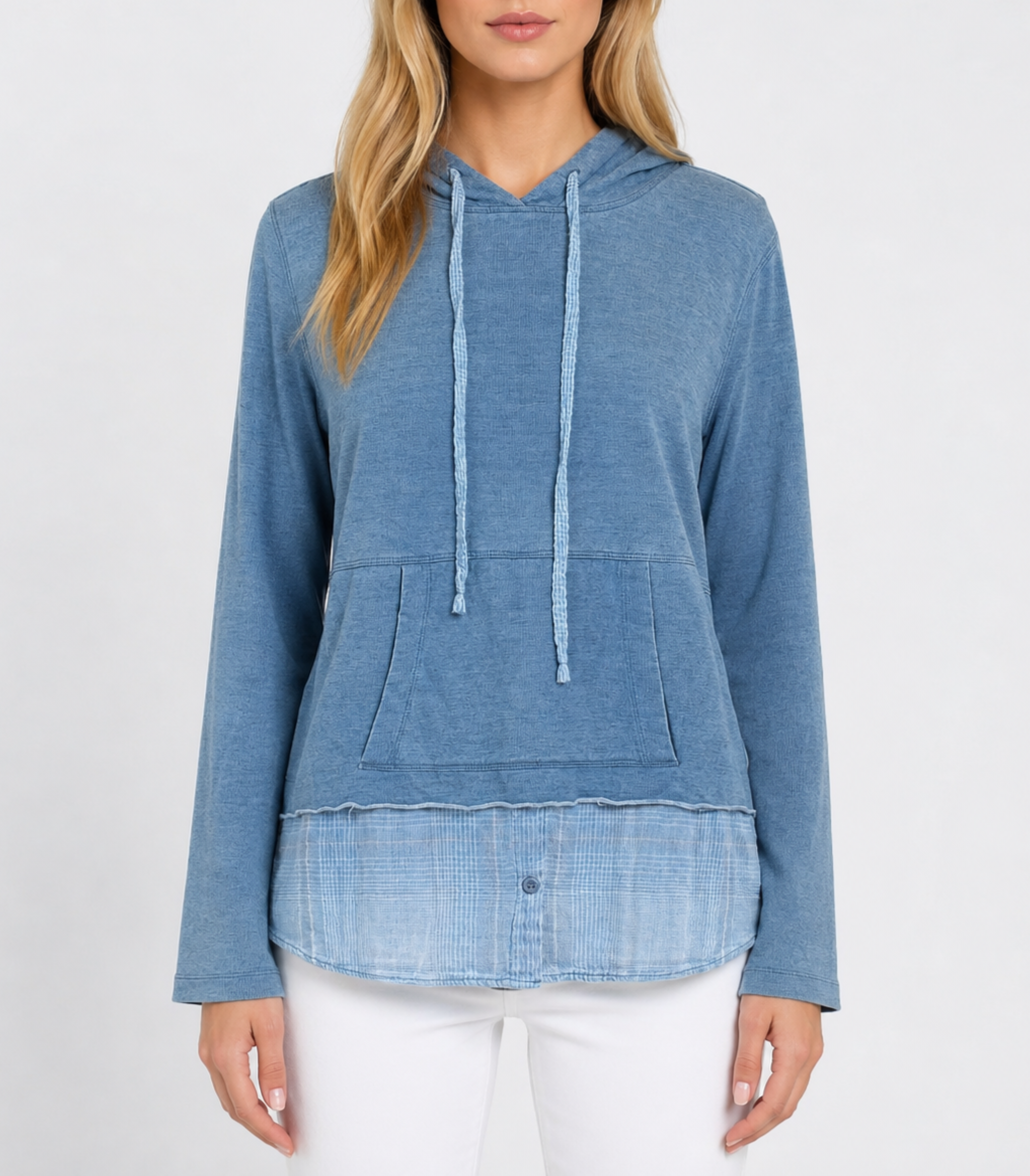 Cloth & Stone Chambray Knit Twofer Hoodie Flannel Overlay - M