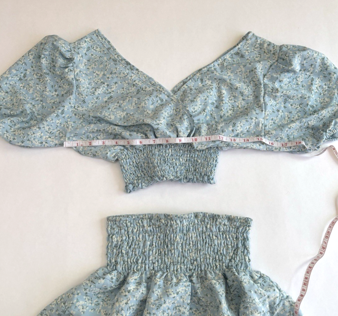 Defox Mini Skirt Crop Top Set Baby Blue Ditzy Floral Ruffle - S/M