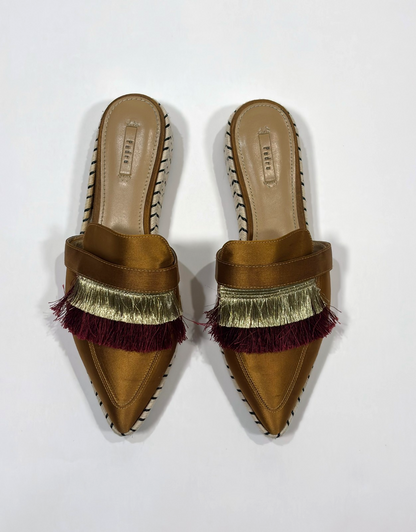 Pedro Satin Fringe Mule Espadrilles Copper Gold Maroon - 39 / Size 9