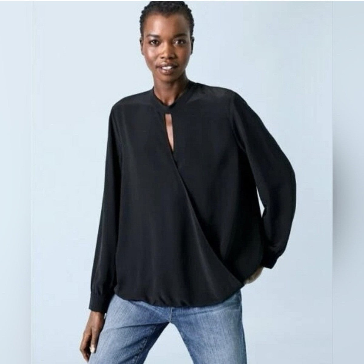 Eileen Fisher System Georgette Silk Wrap Blouse Black Crepe - XL