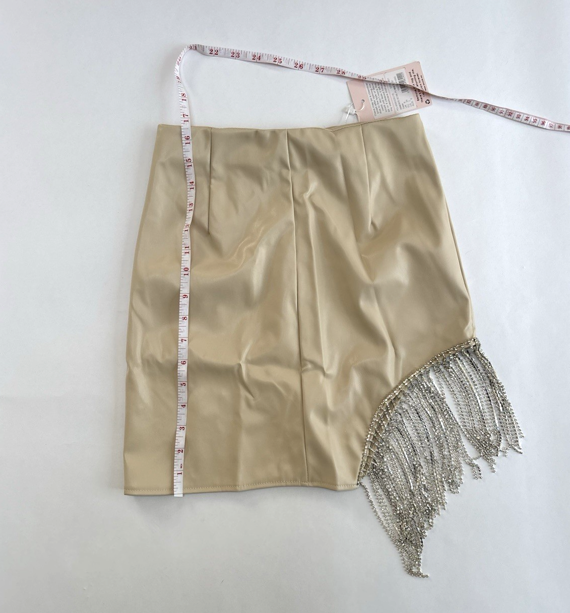 Misguided Rhinestone Fringe Cutout Mini Skirt Vegan Leather Beige -  2
