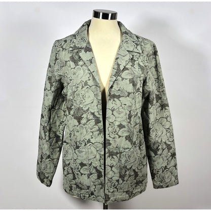 Dialogue Sage Floral Tapestry Linen Open Front Blazer Jacket Lined - 12