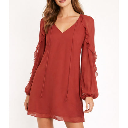 BCBGeneration Ruffle Mini Shift Dress V Neck Rust Orange - S