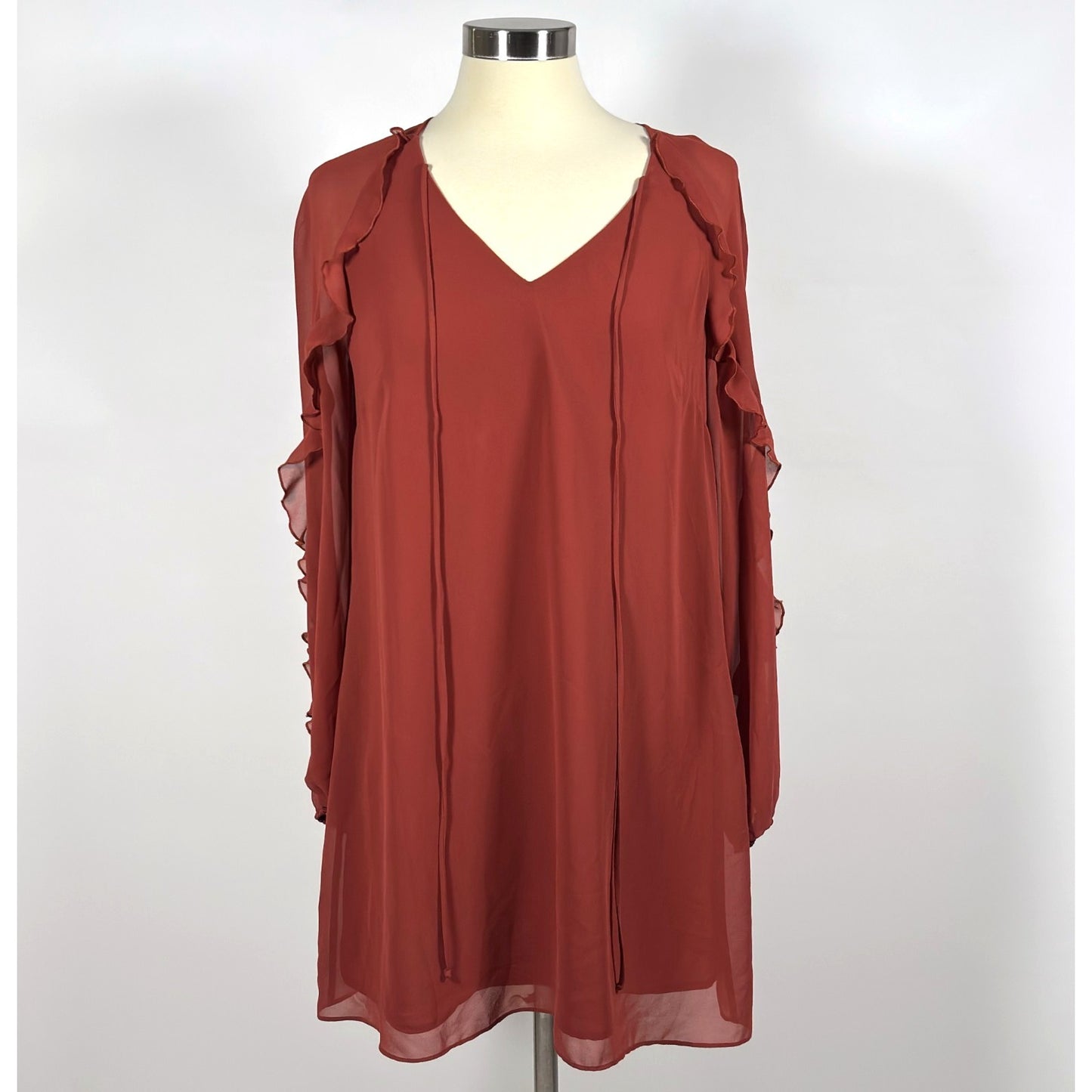 BCBGeneration Ruffle Mini Shift Dress V Neck Rust Orange - S