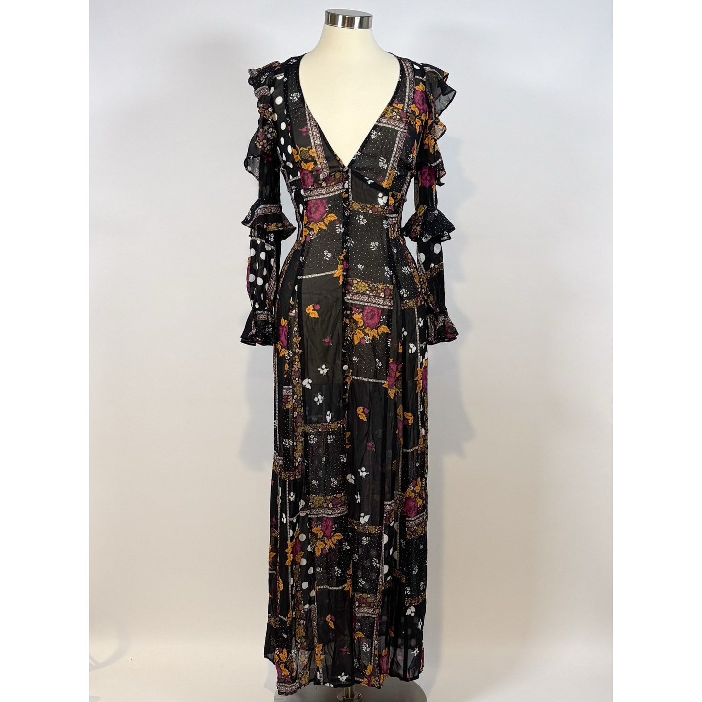 For love & Lemons Elyse Ruffled Maxi Dress Sheer Black Floral - S