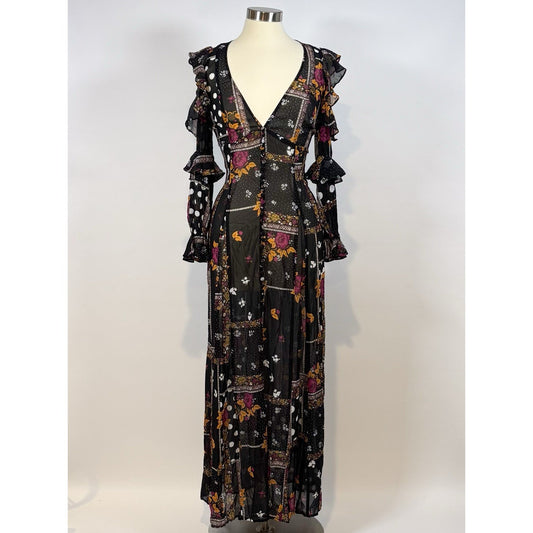 For love & Lemons Elyse Ruffled Maxi Dress Sheer Black Floral - S