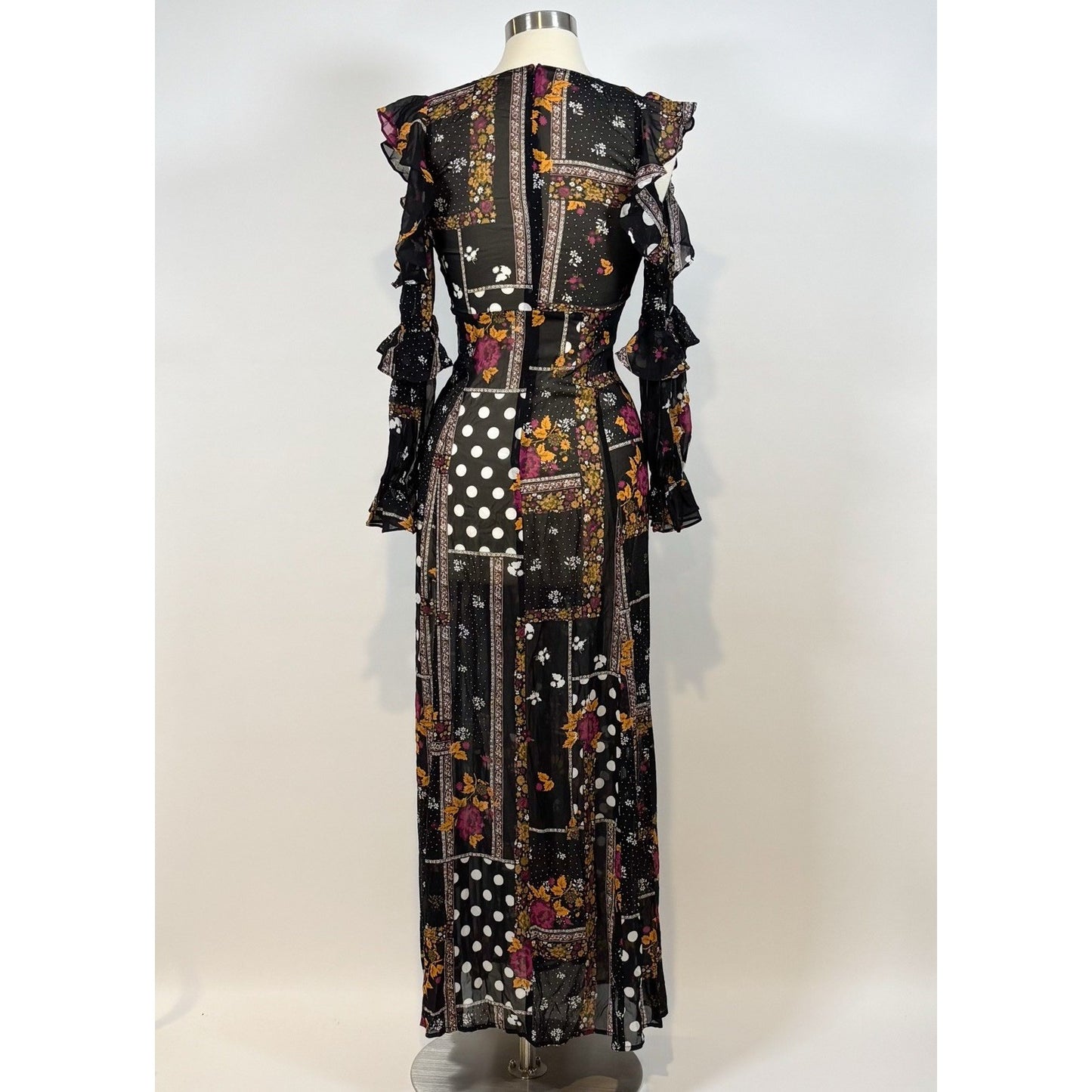 For love & Lemons Elyse Ruffled Maxi Dress Sheer Black Floral - S