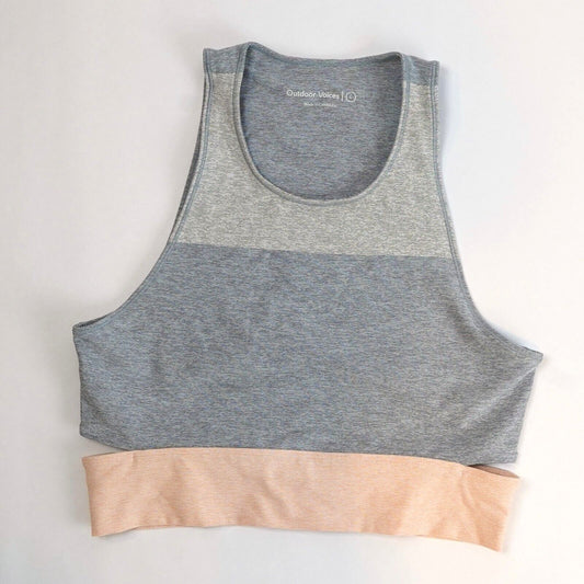 Outdoor Voices Tri Tone Slashback Crop Bra Top Dove/Lake/Rose Quartz - L