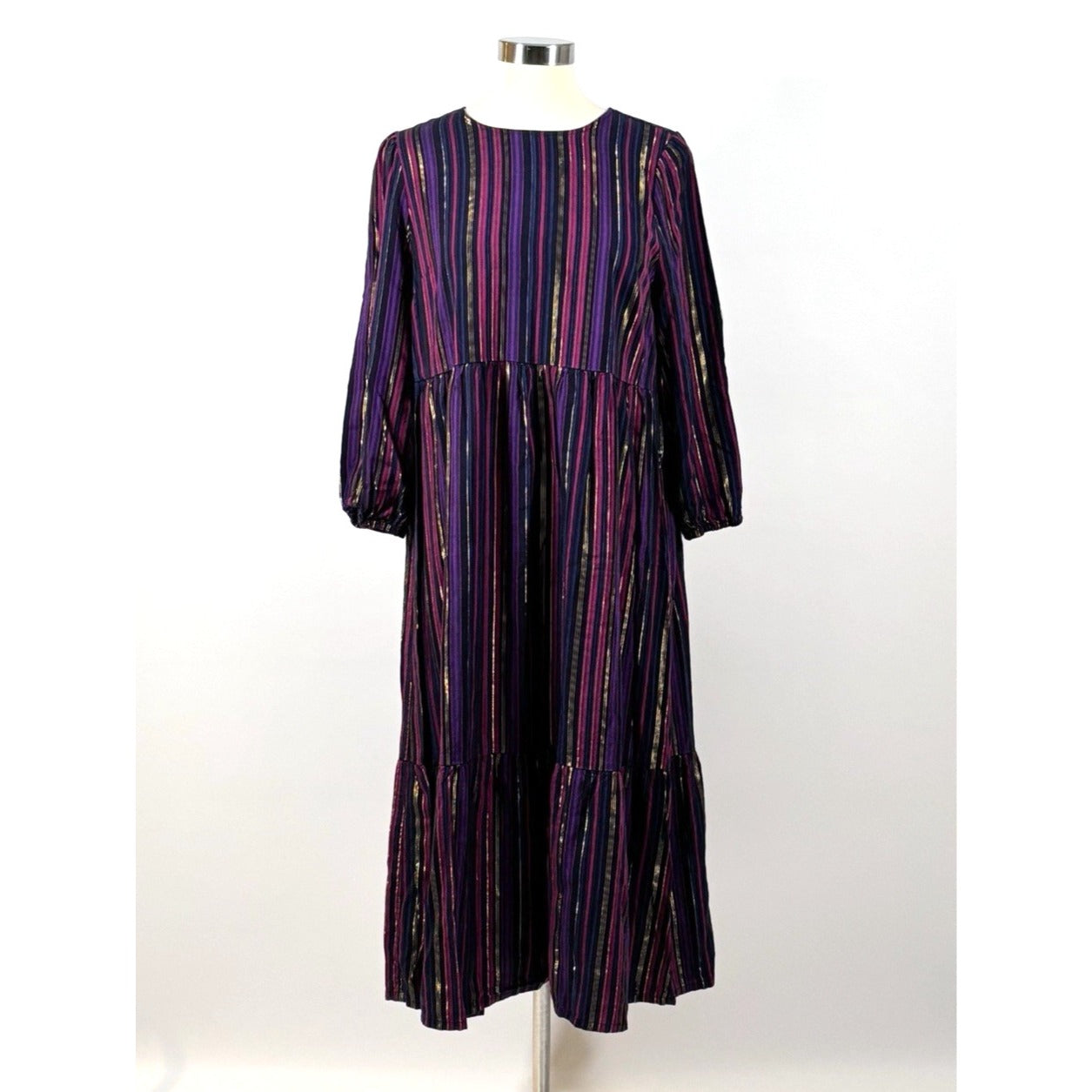 Marine Layer Alice Tiered Midi Maxi Dress Lurex Purple Luxe Stripe - M